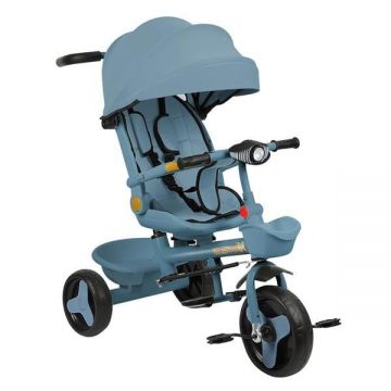 Tricicleta copii 4 in 1 cu maner parental, Stil carucior cu scaun pliabil pe spate, copertina si LED, Albastra, 1-5 ani Tricicleta copii 4 in 1 cu maner parental, Stil carucior cu scaun pliabil pe spate, copertina si LED, Albastra, 1-5 ani